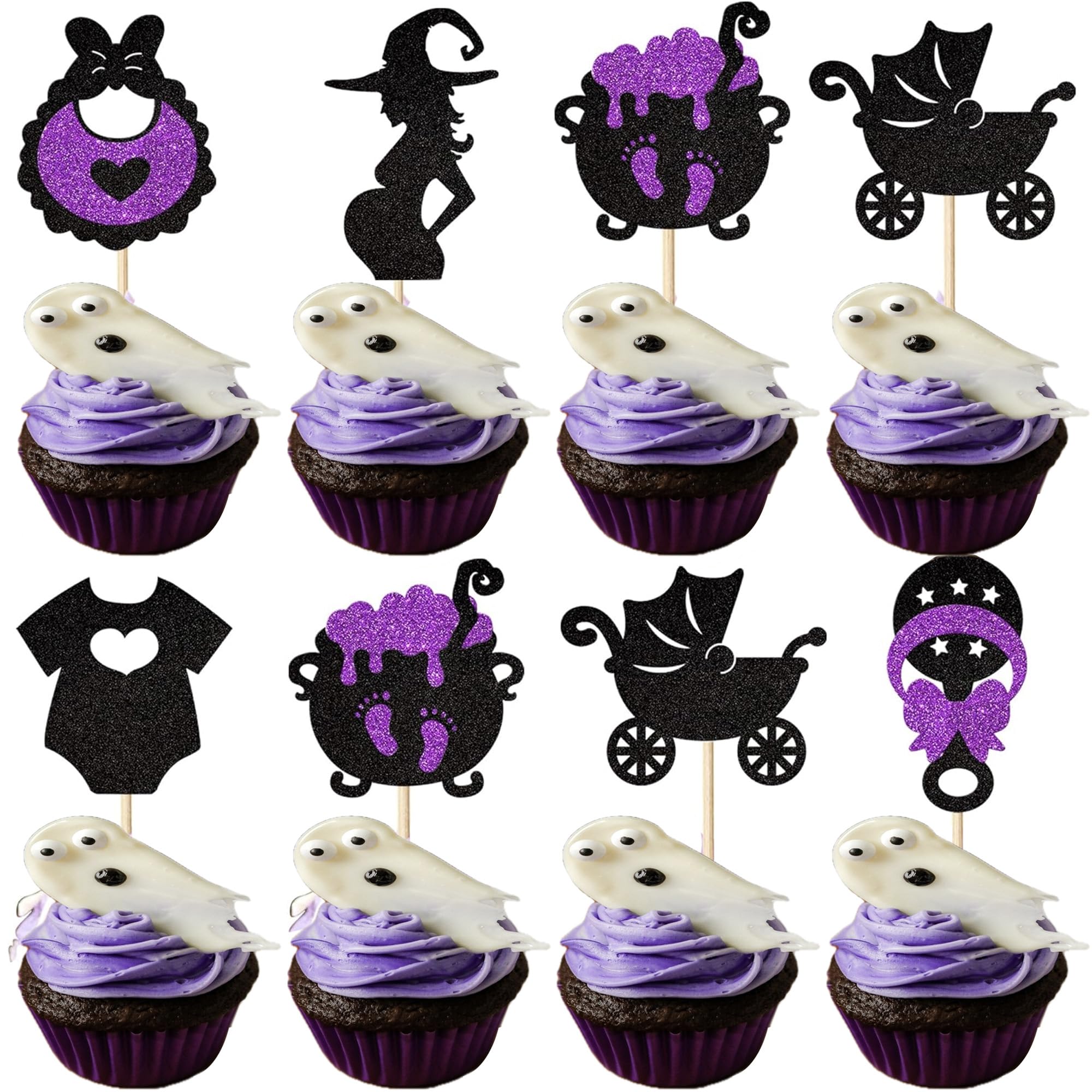 SYKYCTCY 24 Pack Halloween Baby Shower Cupcake Toppers A Baby Is Brewing Cupcake Picks Witch Pregnant Women Halloween Gneder Reveal Cupcake Decorations Party Supplies Black Pink