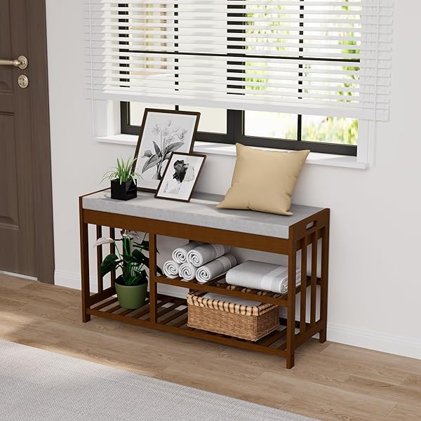 APRTAT 3-TIER BAMBOO SHOE RACK BENCH, SHOE STORAGE ORGANIZER BENCH, ENTRYWAY BENCHS, SHOES RACK FOR FRONT DOOR ENTRANCE, ENTRYWAY BATHROOM BEDROOM