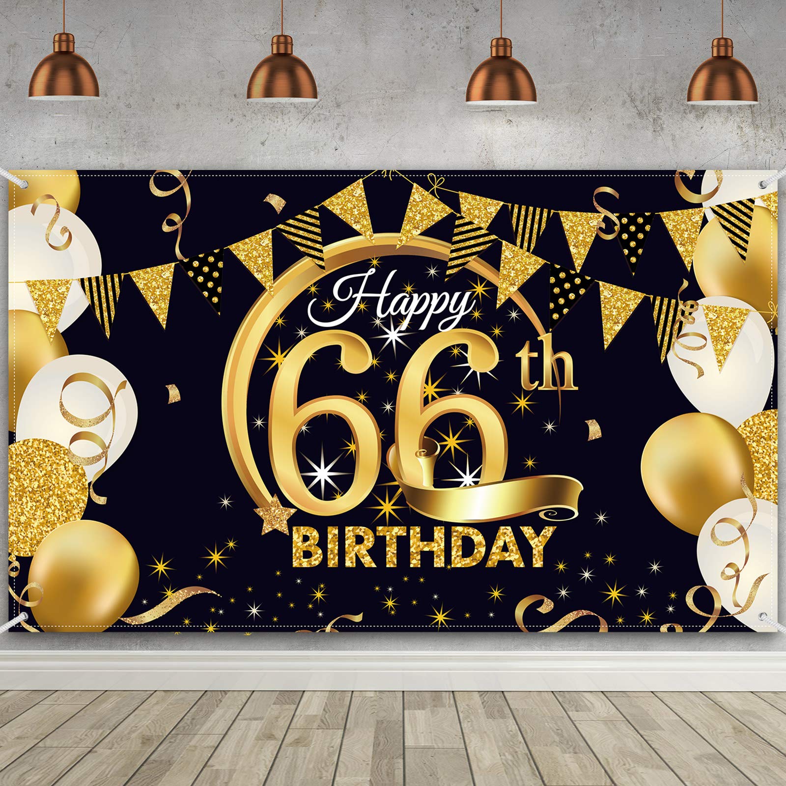 Photo 1 of 66th Birthday Party Decoration, Extra Large Fabric Black Gold Sign Poster for Anniversary Photo Booth Backdrop Background Banner, Birthday Party Supplies, 72.8 x 43.3 Inch