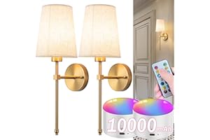 YHCDLAMP Battery Operated Wall Sconce Set Of Two with Remote Control, Indoor Not Hardwired Dimmable Battery Operated Wall Sconce Light Fixture with Fabric Linen Shade For Bedroom Living Room, Bulb Included ( C
