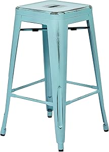 Office Star Bristow Antique Metal Barstool, 26-Inch, Antique Sky Blue, 4-Pack
