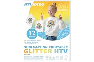 12 Pcs Combo HTVJOYDO Sublimable White Glitter HTV Heat Transfer Vinyl & Printable Sublimation Paper, 6 Sheets Each 8.5x11, Iron-On for Light & Dark Fabrics, DIY Crafts, All-in-One Colorful Creations