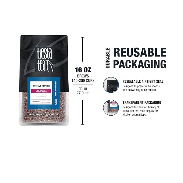 TIESTA TEA – DRIED HIBISCUS, LOOSE LEAF, CUT & SIFTED HIBISCUS FLOWER, PREMIUM BLEND, NON-CAFFEINATED, MAKE HOT OR ICED & BREWS UP TO 200 CUPS, 16 OUNCE RESEALABLE BULK POUCH