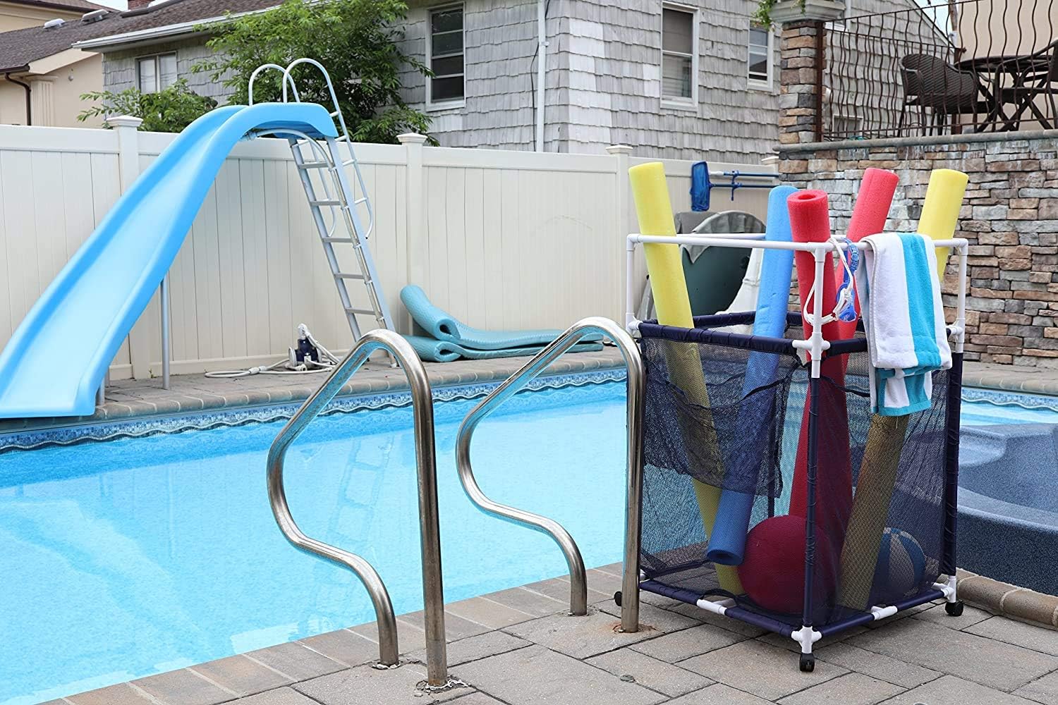 Essentially Yours Rolling Pool Noodle Storage Organizer Bin, Standard Noodle Holder, 24" W x 24" L x 38" H, Blue Mesh/White PVC : Garden & Outdoor
