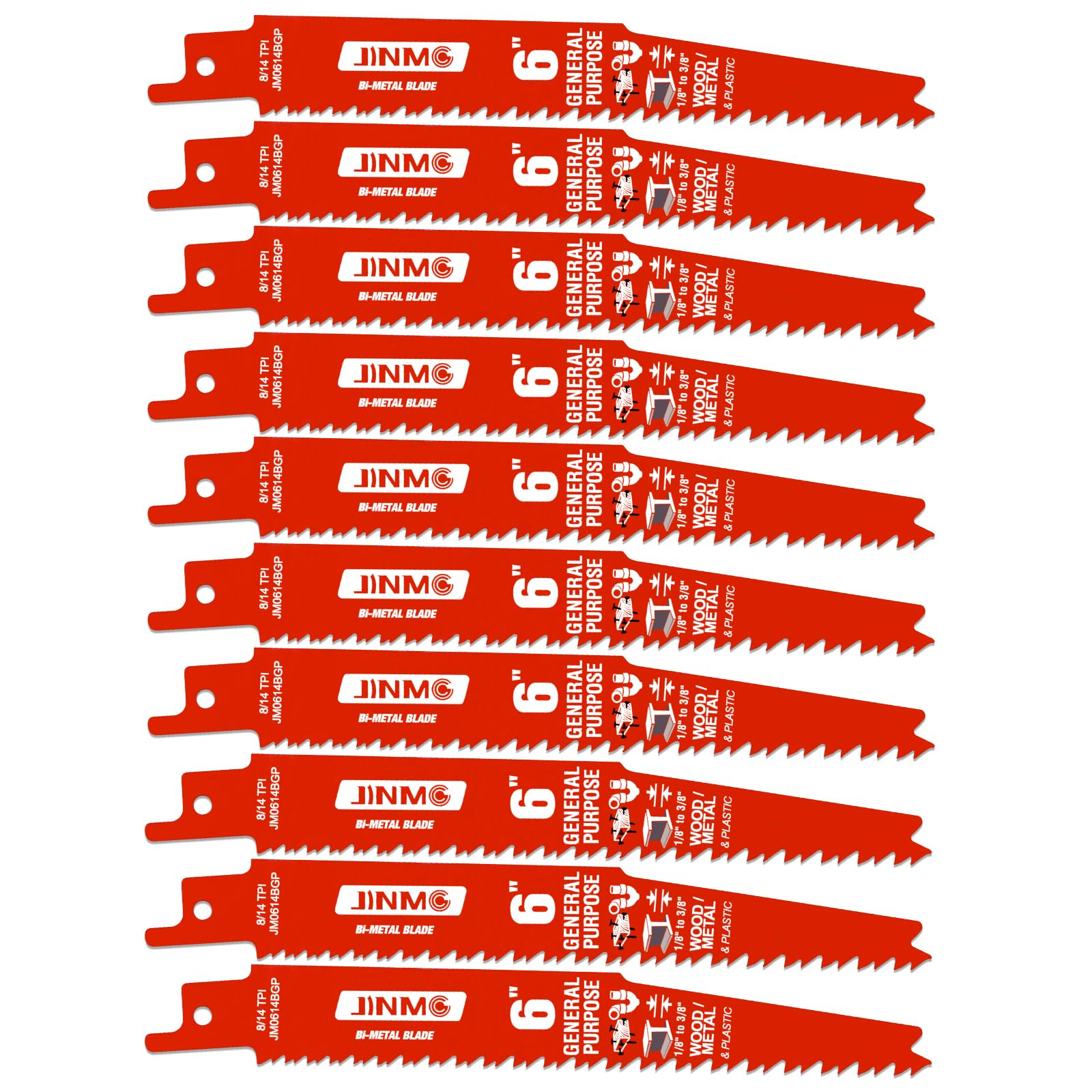 Photo 1 of 10 Pack 6 Inch 8/14TPI Reciprocating Saw Blades for Wood and Nail-Embedded Wood Demolition, Metal Cutting for 1/8-3/8 Medium Metals and PVC Pallets etc.- Compatible with Diablo Bi-Metal Blades