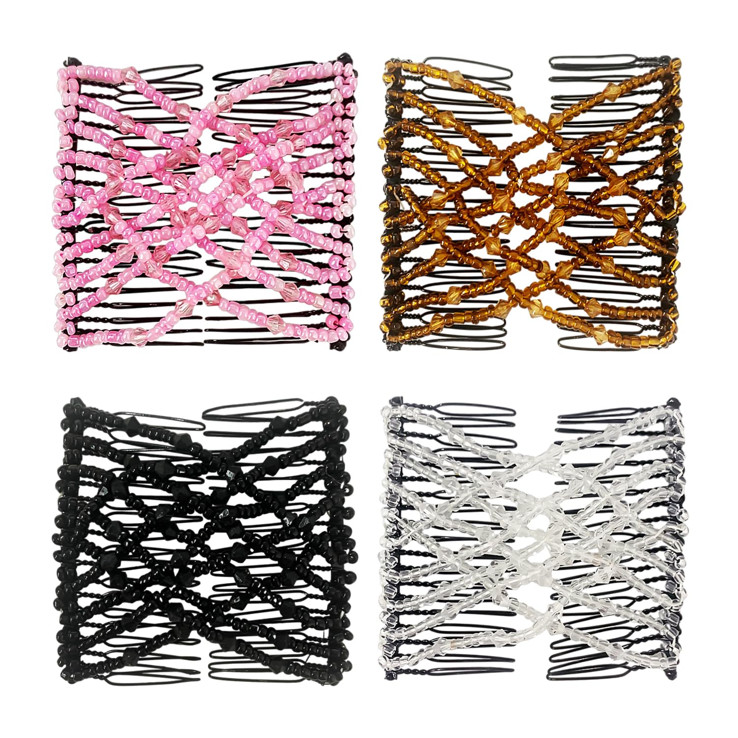 4PCS Crystal Beads Hair Combs，beaded Elastic Double Hair Grips， Hair Braided Finishing Fixer Comb，hair Styling Tools for Women， Multi-purpose Stretchable DIY Hair Accessories（4 Color）