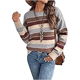 BEAUDRM Women's Striped Sweater Color Block Crew Neck Boho Sweater Long Sleeve Knitted Weatern Jumper Tops Multicolor Large