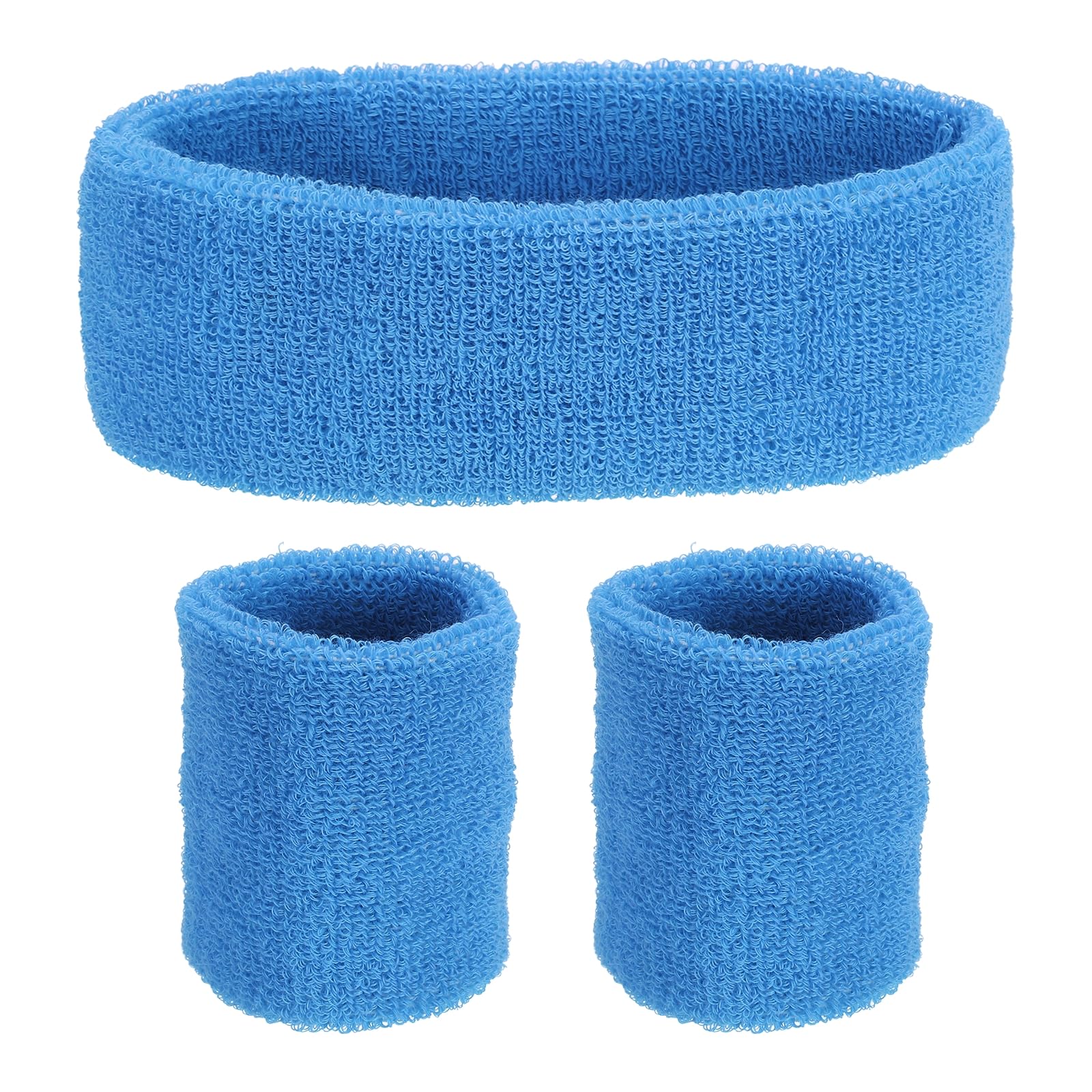 PATIKIL Sports Wristbands Headband Set, 8x8cm Cotton Terry Cloth Athletic Absorbent Sweatband 20x5cm Headband for Tennis Basketball Running, Sky Blue (1 Headband & 2 Wristbands)