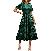 Simplee Velvet Dress for Women Semi Formal Short Sleeve Floral Smocked Empire Waist Fall Winter Wedding Guest Dresses