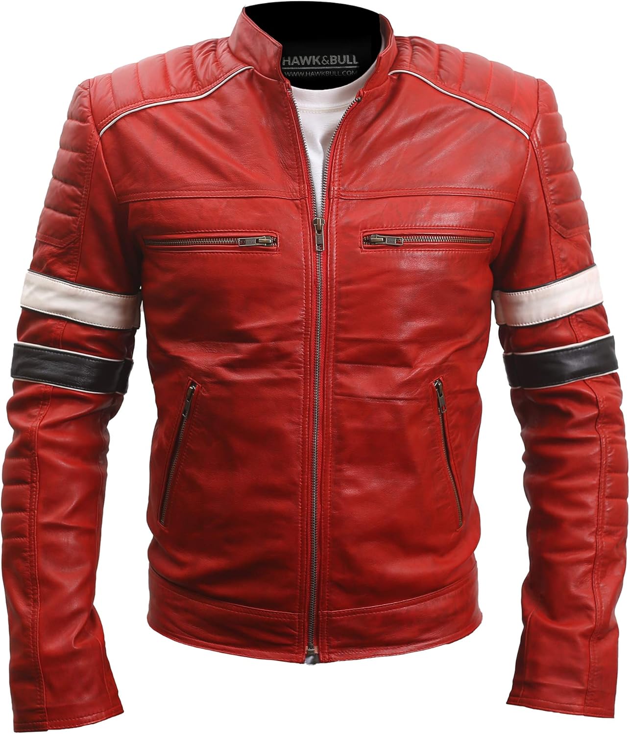 Mens Red Biker Motorcycle Jacket - Genuine Leather - Vintage Cafe Racer Style at Amazon Menâs 