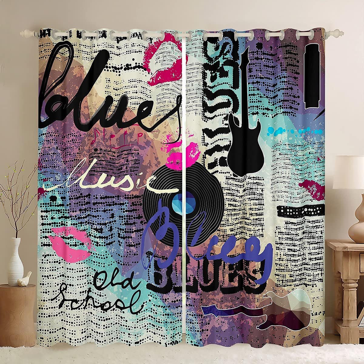 Tbrand Old Newspaper Curtain for Bedroom Music Rock Record Room Curtain Guitar Old School Retro Blues Multicolor Curtain Classic Music Drapes,W46*L54