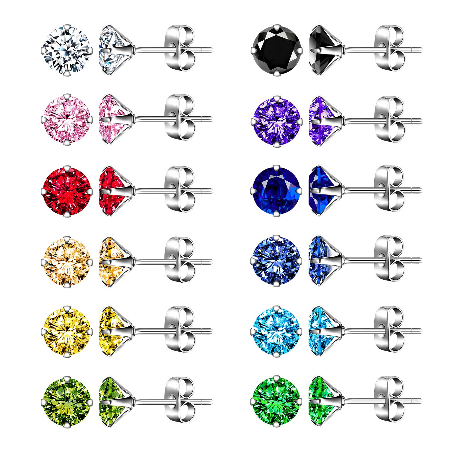 12 Pairs Stainless Steel Zirconia Stud Earrings Set 5MM
