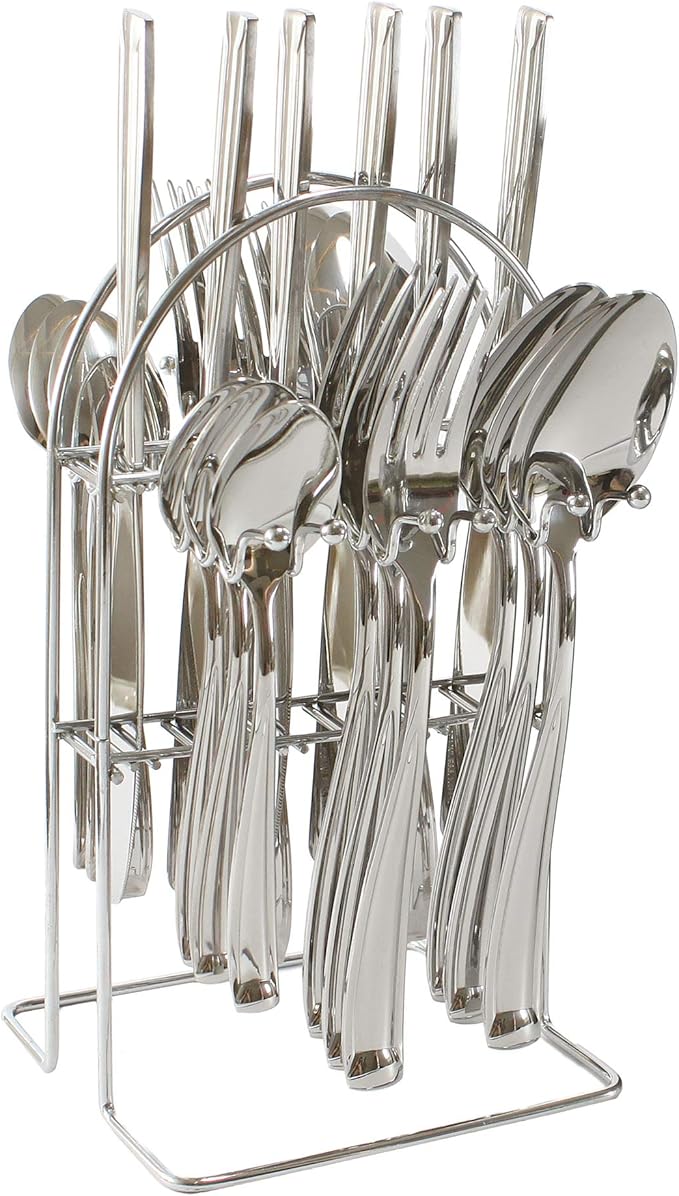 24 Piece Stainless Steel Cutlery Set with Stand (Silver) Amazon.co.uk