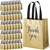 50 Pcs Glossy Gold Thank You Gift Bag with Handles, 8 x 4 x 10 Inch Reusable Thank You Return Gift Bags, Non Woven Foldable Goodie Handbag, for Birthday Wedding Party Bridal Shower Thanksgiving