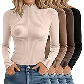 Riyiper 4 Pack Cotton Women's Mock Turtleneck Long Sleeve Tops Ribbed Lettuce Trim Slim Fit Basic Shirts Thermal Base Layer