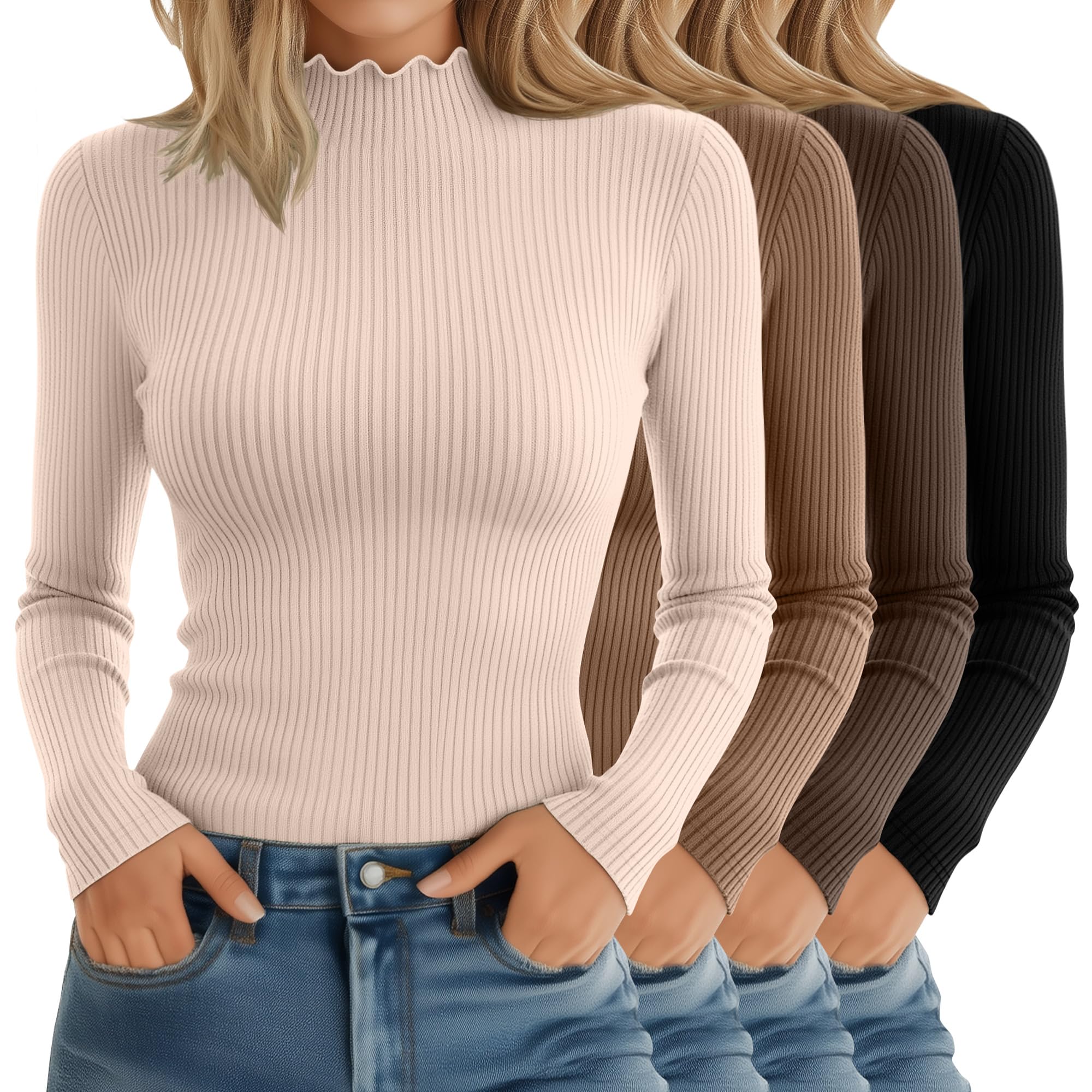 Photo 1 of **MISSING CREAM TOP **** Riyiper 4 Pack Cotton Women's Mock Turtleneck Long Sleeve Tops Ribbed Lettuce Trim Slim Fit Basic Shirts Thermal Base Layer(Black, Mocha, Khaki, Cream,Medium)