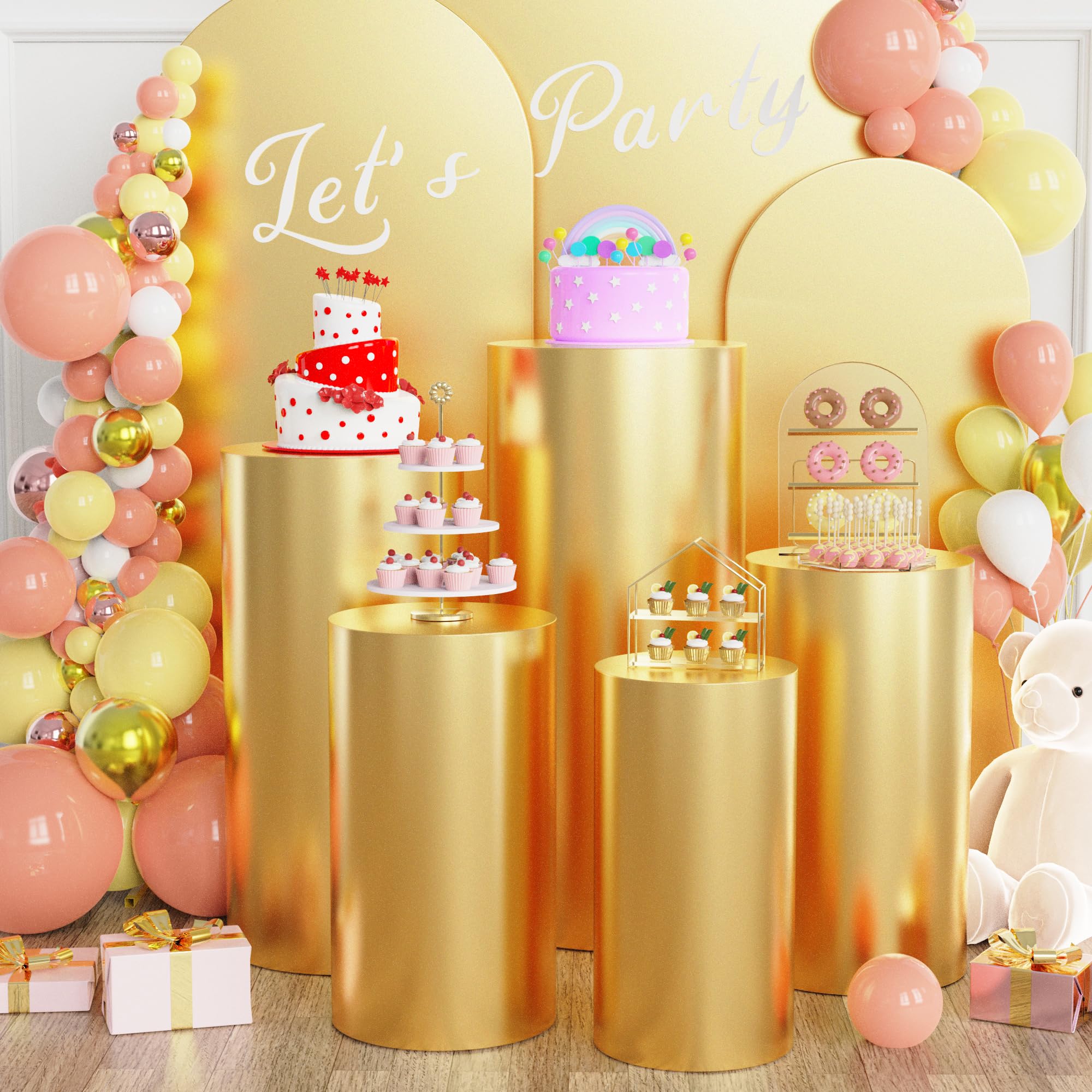 Putros Spandex Cylinder Pedestal Covers Gold Set of 5 Cylinder Stand Bronzing Elastic Cloth Cover for Wedding Props Birthday Party Event Decor