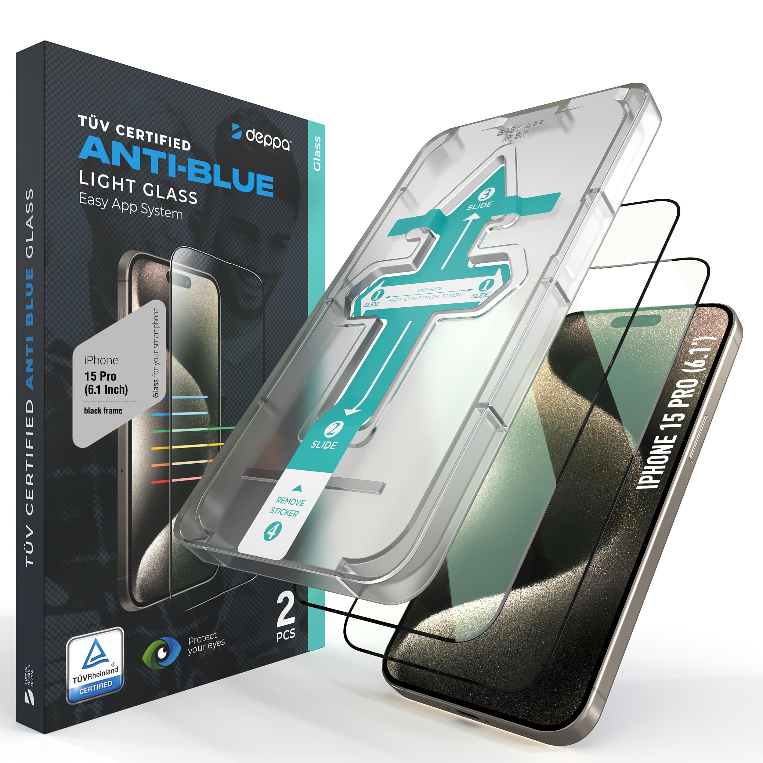 Deppa |2 Pack| Eye Safeguard Certified Anti-Blue Light Screen Protector for iPhone 15 Pro (6.1') Tempered Glass Edge to Edge Full Cover with Easy Installation Kit Tray