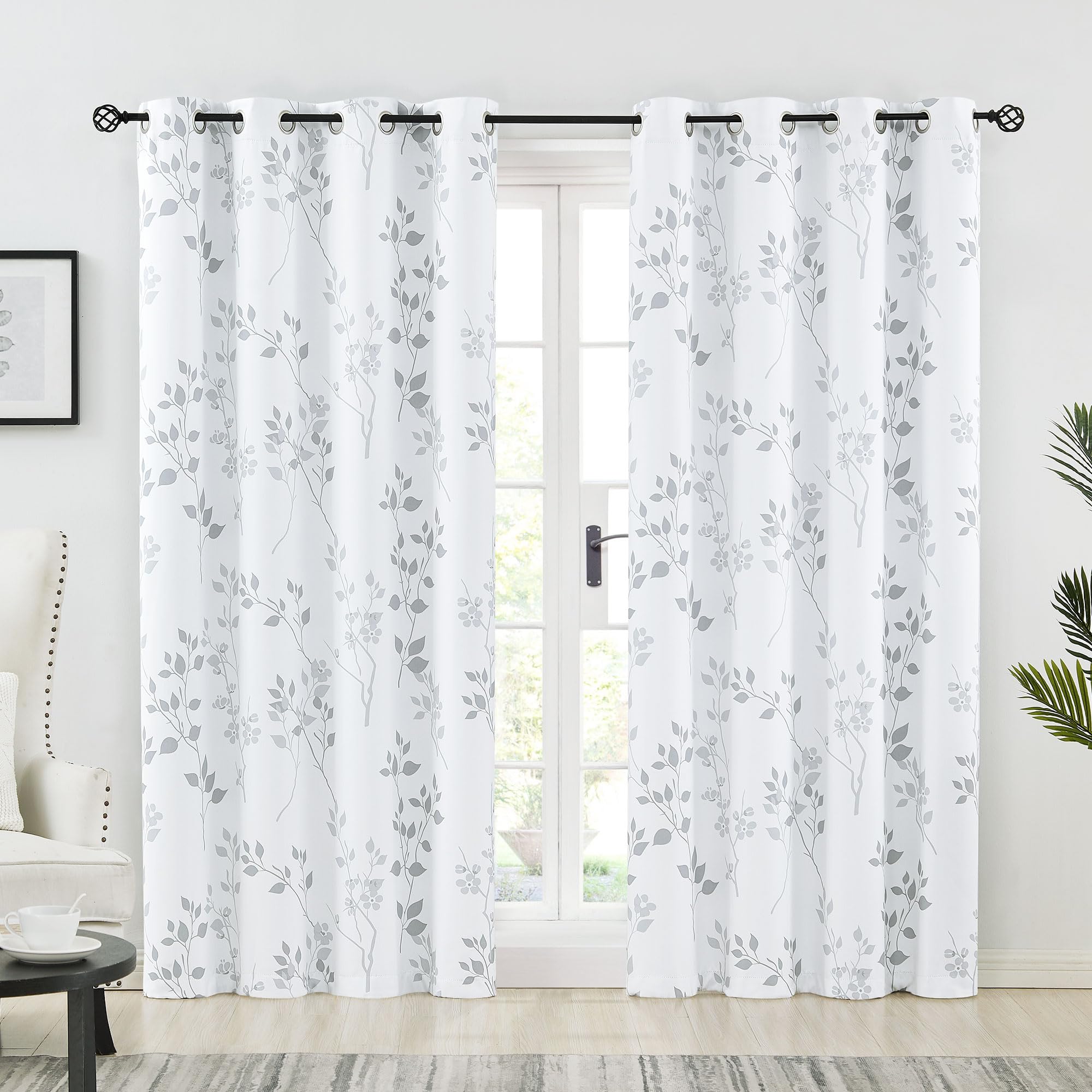 Beauoop Grey Floral Blackout Curtains for Bedroom Living Room 72 Inch Drop Leaf Print White Eyelet Curtain Botanical Thermal Insulated Noise Reducing Window Curtain Drapes 2 Panels