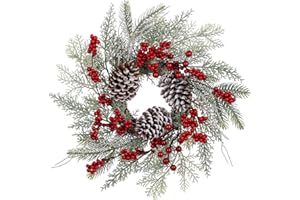 DILATATA Christmas Wreath 16"-18" Door Wreath with Frost Winter Wreath with Big Pine Cone Red Berries Christmas Reef for Indoor Outdoor Wreaths for Table Fireplaces Porch Walls Window Wreaths Home Decor