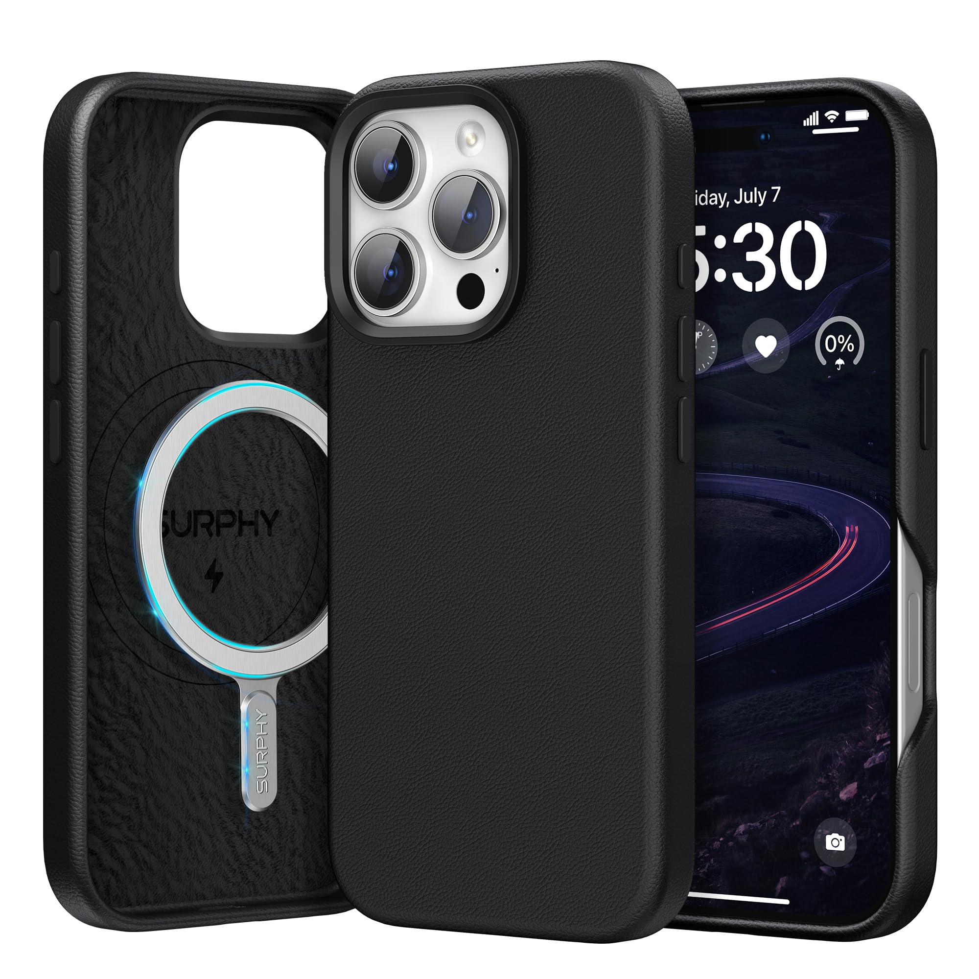 SURPHY Leather Case for iPhone 16 Pro Case, Premium Faux Leather Compatible with Mag-Safe [Metallic Buttons & Microfiber Lining] Cover for iPhone 16 Pro 6.3 inch, Black