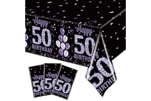 Ganeen 3 Pack 50th Birthday Tablecloth Purple Black Happy 50th Birthday Decorations Disposable Plastic Rectangular Table Cover for Party Supplies Women Men, 108 x 54 Inch