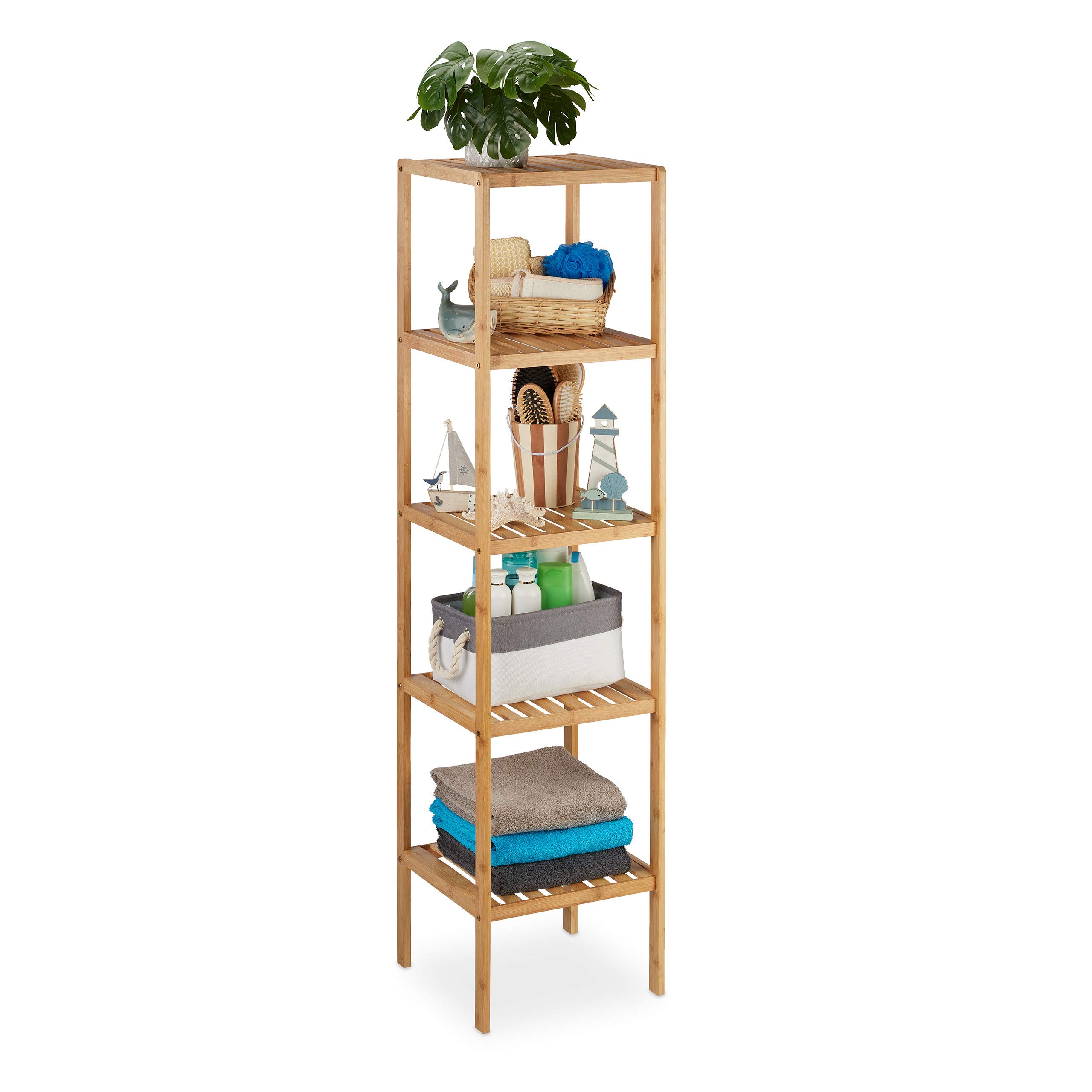 Relaxdays Bamboo Free-Standing Bathroom Storage Unit, with 5 Shelves, Size: 140 x 34 x 34 cm, Wood, Natural Brown