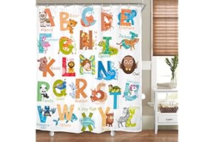 Riyidecor Kids Alphabet Shower Curtain for Bathroom Decor 60Wx72H Cartoon Cute ABC Educational Learning Colorful Animals Flamingo Child Art Printed Fabric Polyester Waterproof 12 Pack Plastic Hooks