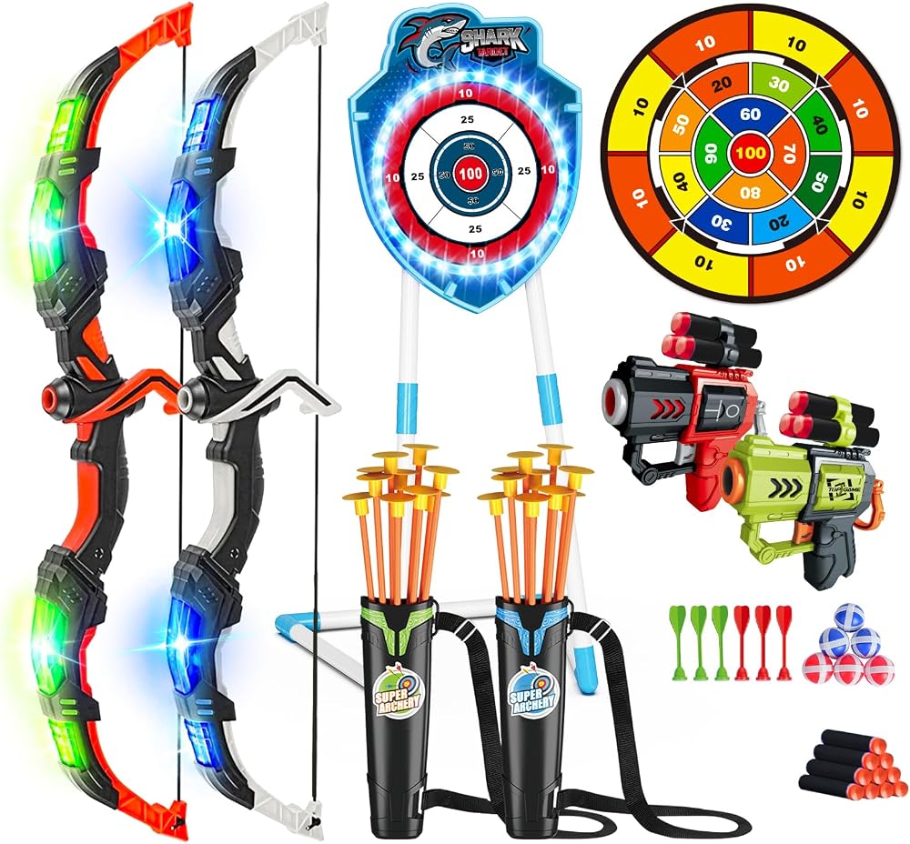 VATOS 4-in-1 LED Bow and Arrow Toy with Shark Target 2 Pack