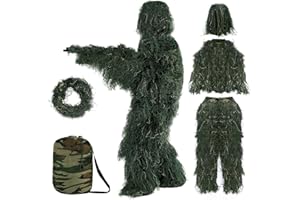 RUNPON 5 in 1 Ghillie Suit Outdoor 3D Hunting Apparel Including Jacket Pants Hood Carry Bag Suitable for Unisex Adults Jungle Woodland Hunting Shooting