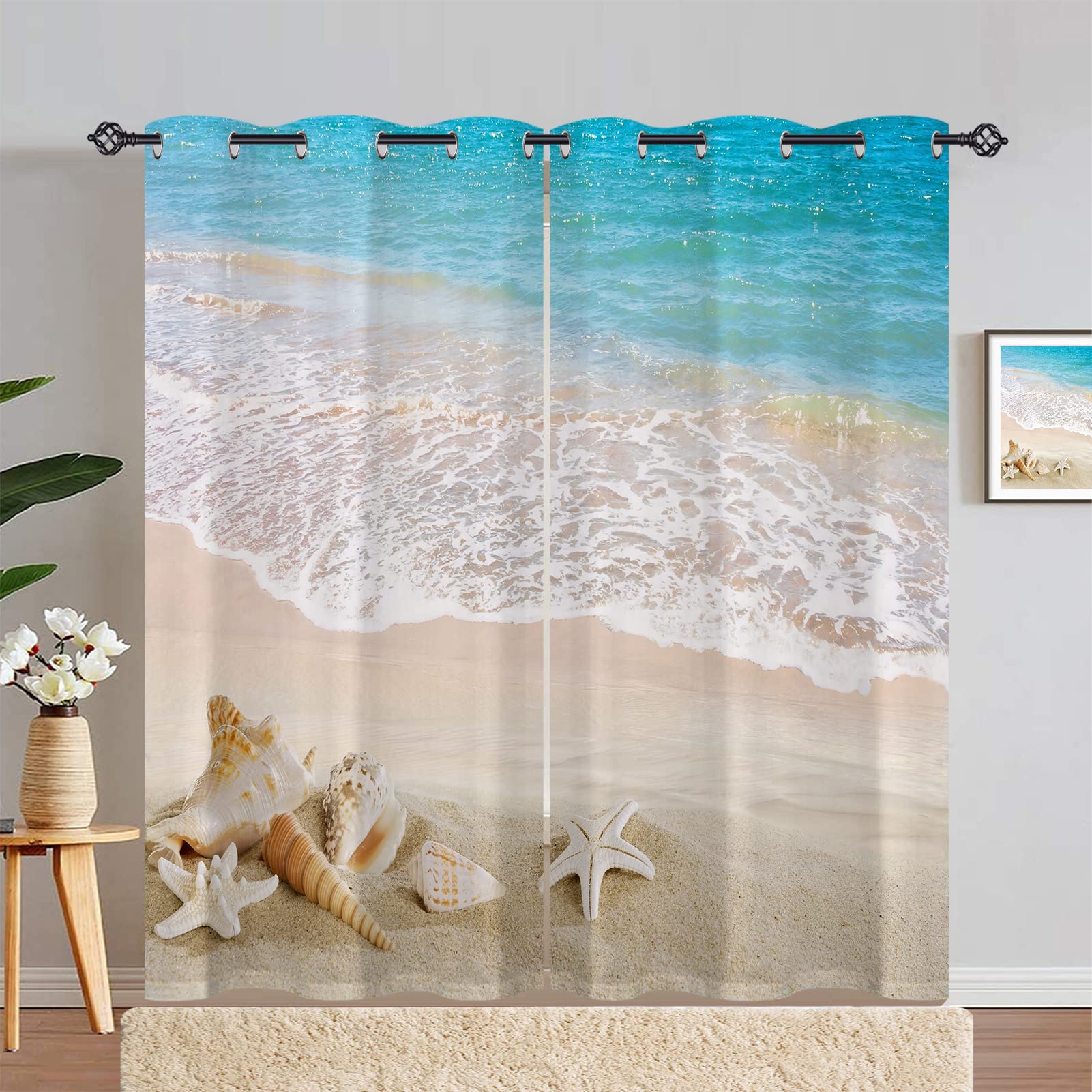 ANHOPE Beach Curtains Eyelet Ring Top Thermal Insulated 80% Blackout Curtains with Tropical Ocean Seaside Conch Seashell Print Pattern Window Drapes for Bedroom Living Room 46 x 90 Inch Drop 2 Panels