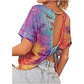 Floerns Women's Tie Dye Cut Out Twist Back T Shirt Short Sleeve Casual Tee Tops
