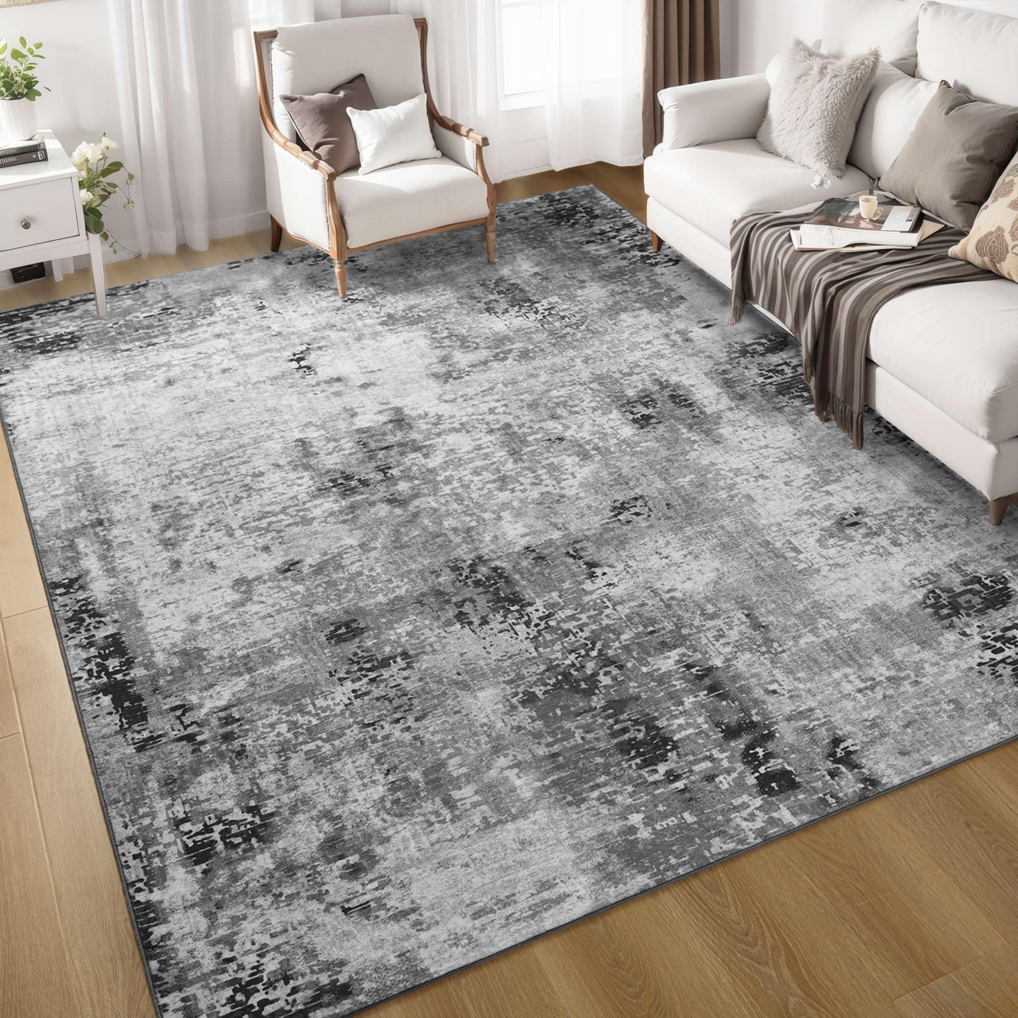 Photo 1 of Living Room Rug 6x9 Gray Area Rug Machine Washable Boho Carpet Non Slip Abstract Vintage Indoor Large Rugs for Bedroom, Classroom, College Dorm, Farmhouse, Dining Room, Kids Playroom
