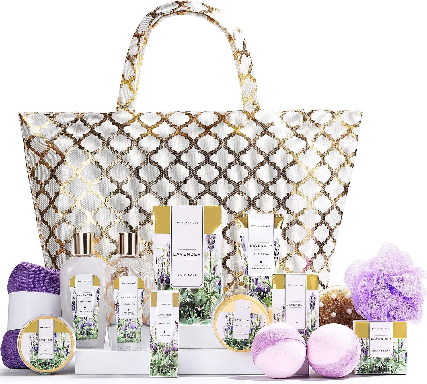 Spa Luxetique Lavender Bath Sets, 15pcs Spa Gift Sets, Pamper Gifts for Women, Bath Gift Sets in Golden Bag with Body Scrub, Body Butter, Hand Cream, Gifts for Mum Her, Mothers Day Valentines Gifts