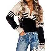 CiCiBird Women Fall V Neck Sweater Color Block Polo Long Sleeve Shirt Casual Loose Striped Pullover Sweaters