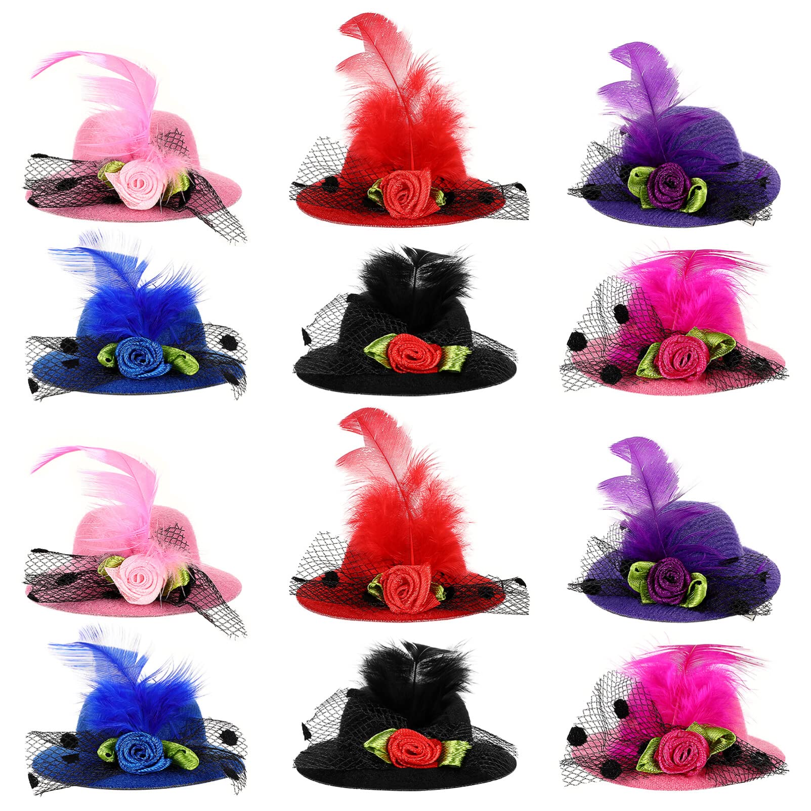 NUOBESTY Mini Hat Hair Clip Mini Top Hat Small Hairpin for Tea or Cocktail Party Cosplay, 12pcs (Random Color)