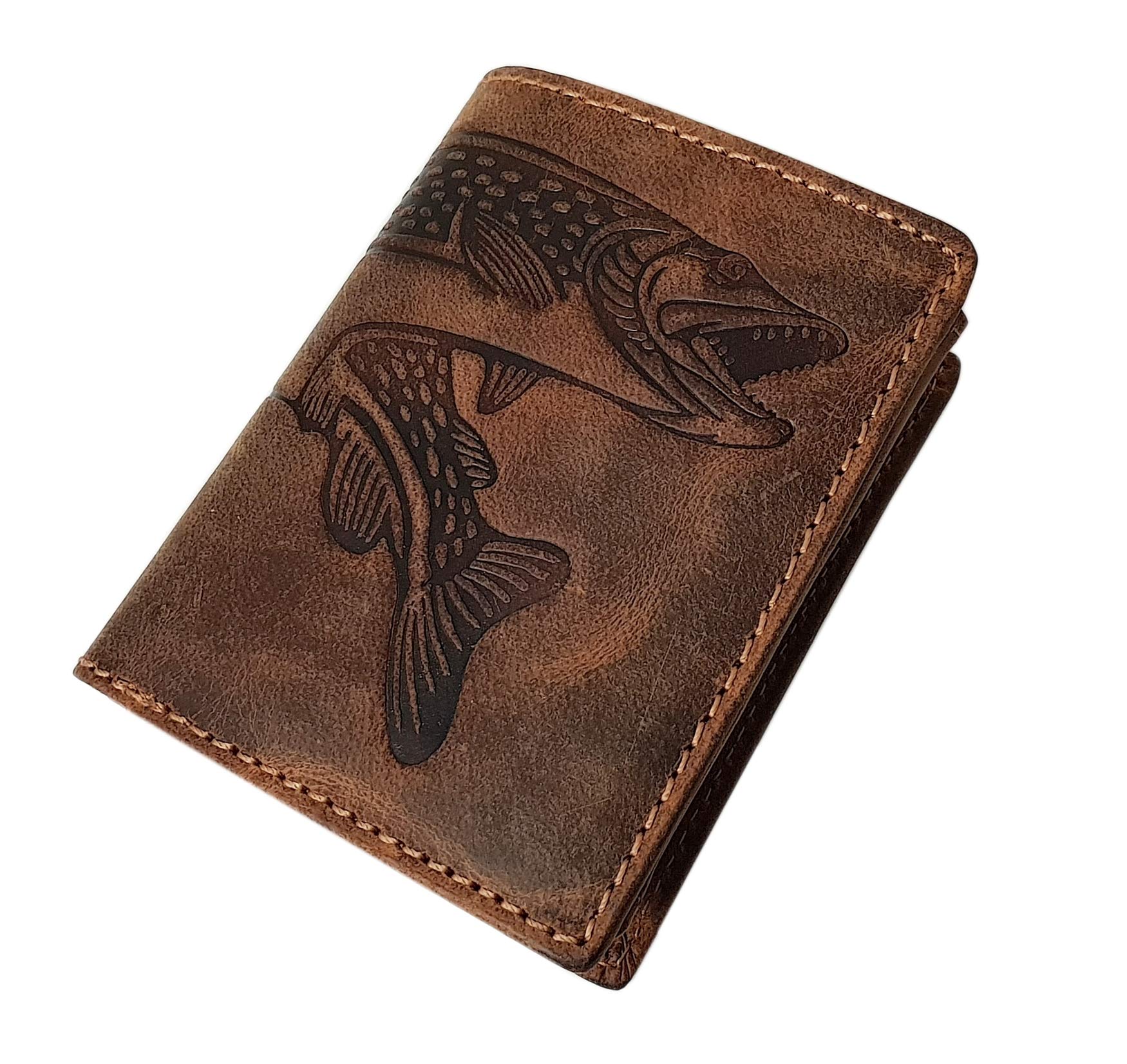 myledershop Small Buffalo Full Leather Wallet with Fish-Motif - with RFID & NFC Blocking in Brown