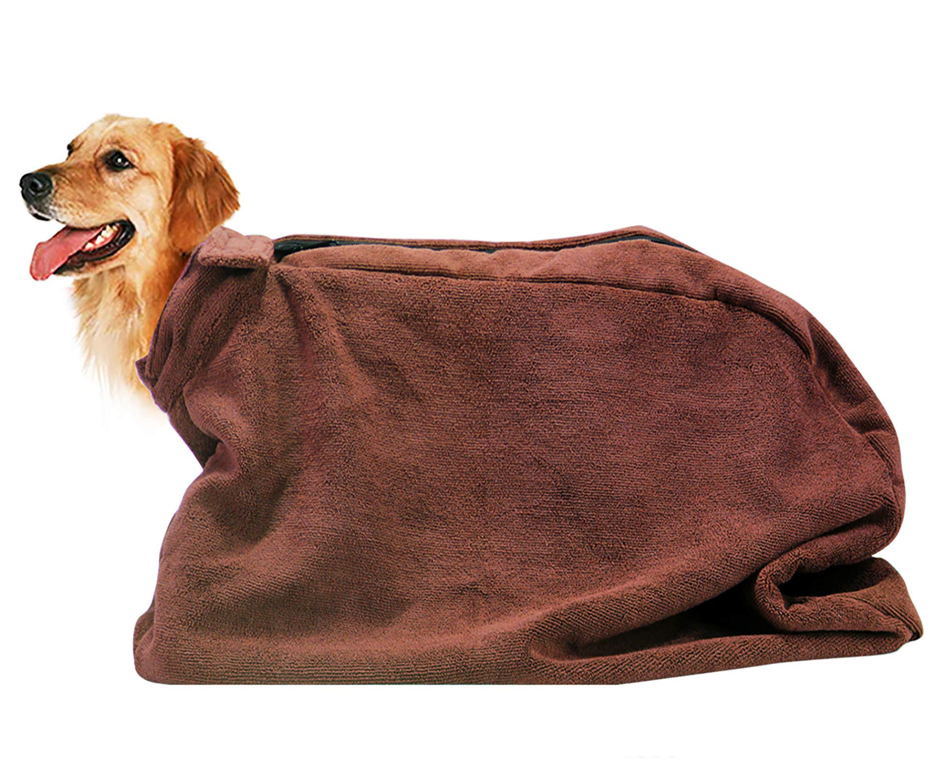 Geyecete Premium Microfiber dog towel bag Dog Drying Bag with Loop Neck Strap,dog bag towel for Large,Medium,Small Dogs-Brown-L