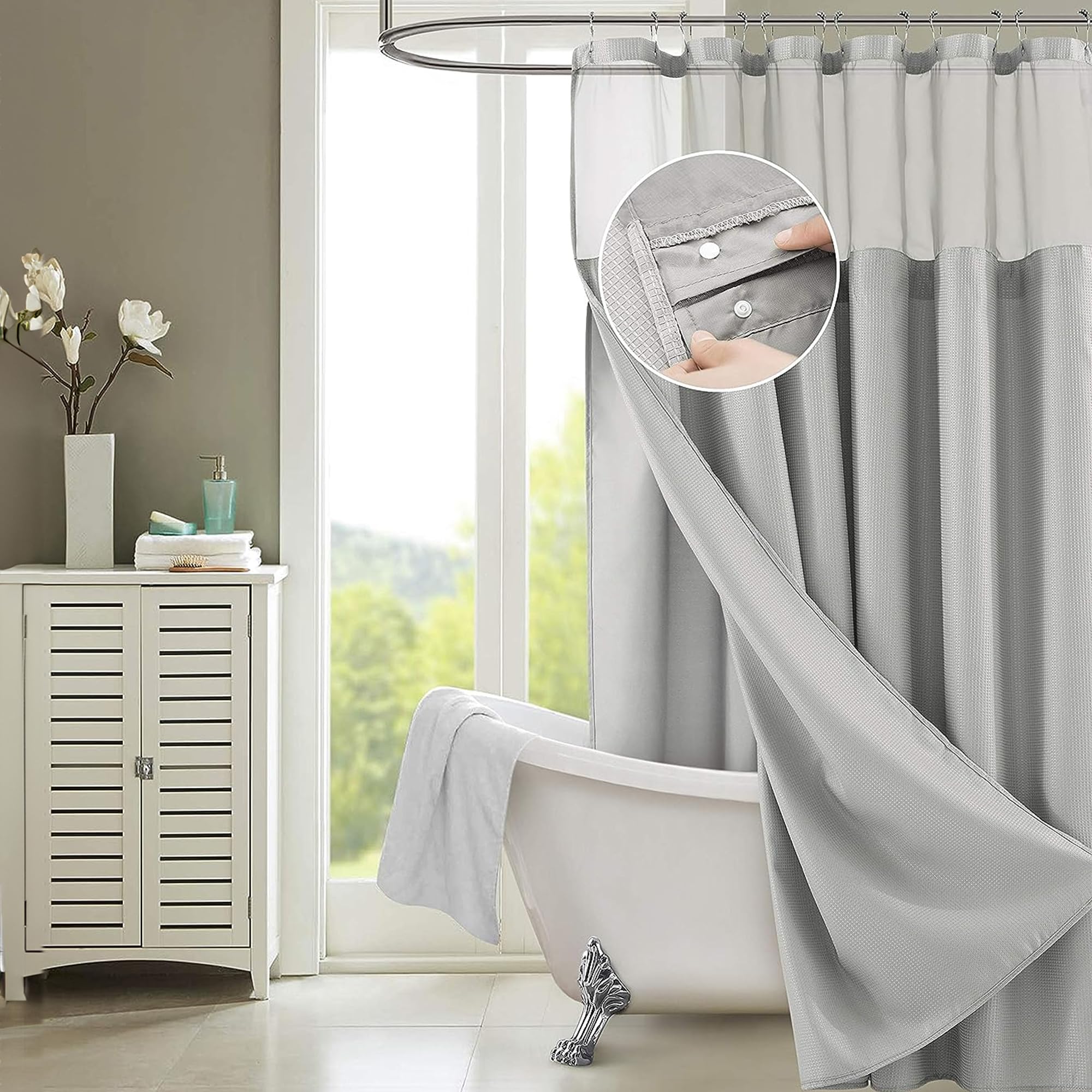 Dainty Home Waffle Weave Shower Curtain With Liner Sets - Modern Shower Curtain for Bathroom With Mesh Top Window - Premium Quality Fabric Snap Shower Curtain
