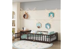 Mirightone Twin Size Floor Bed for Kids, Wood Montessori Floor Beds with Fence Railings, Door & Slats Support, Twin Playhouse Bed Frame for Boys Girls, No Box Spring Needed, Espresso
