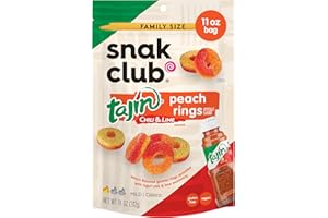 Snak Club Peach Rings, Tajin Chili & Lime Seasoned, Sweet and Spicy Gummy Candy, Mild in Heat Bold in Flavor, Low-Fat, Vegan, Gluten-Free Snack, Family Size, 11 Ounce