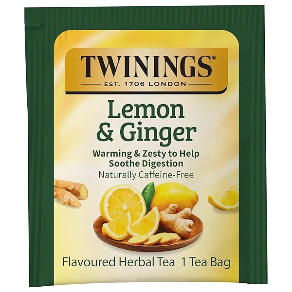 TWININGS LEMON & GINGER HERBAL TEA INDIVIDUALLY WRAPPED BAGS, 100 COUNT (PACK OF 1), TANGY LEMON, SPICY GINGER, NATURALLY CAFFEINE-FREE, ENJOY HOT OR ICED, 100 TEABAGS
