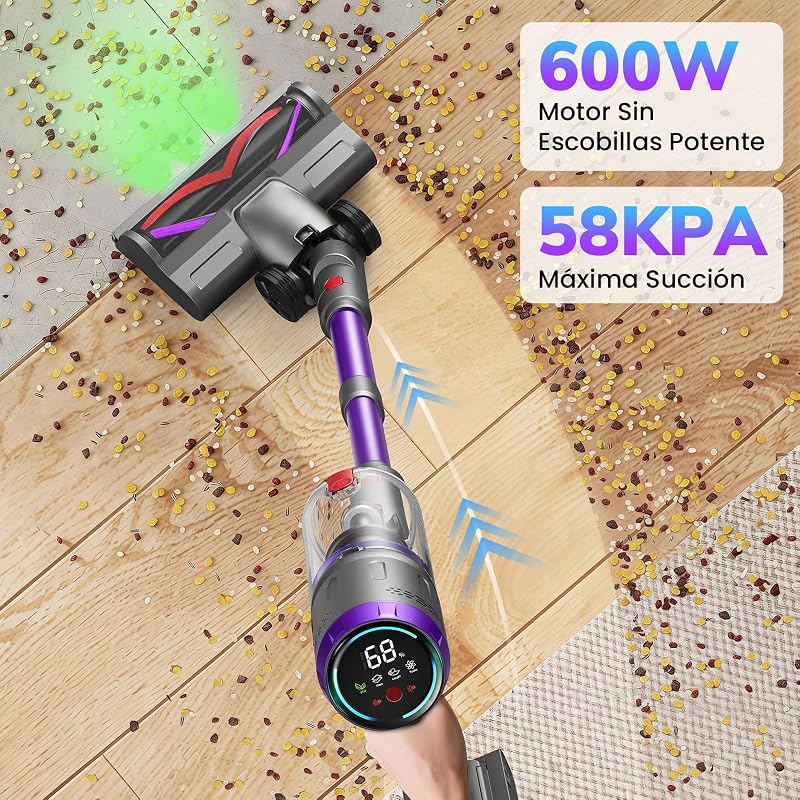Aspirador sem fios 90 min, 58kPa/600W, vassoura aspiradora sem fios de 1,6L, ecrã inteligente LED tátil, aspirador sem fio anti-emaranhados, ideal para pavimentos, tapetes e pelos de animais