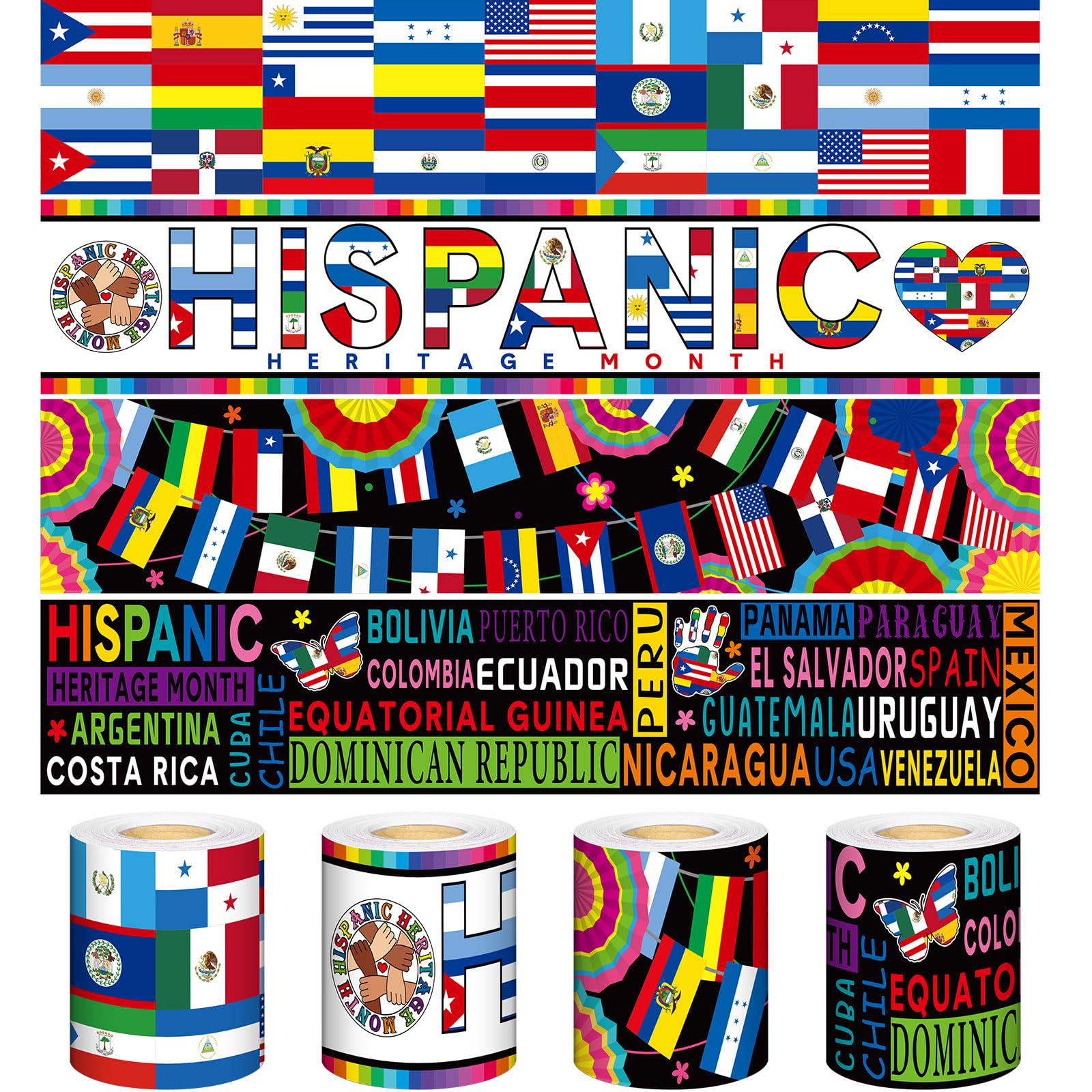 Photo 1 of Watersay 4 Rolls 131 ft Hispanic Heritage Month Bulletin Board Borders Latin American Bulletin Border Trim Spanish Countries Flags Hispanic Heritage Month Bulletin Board Decorations for School Party