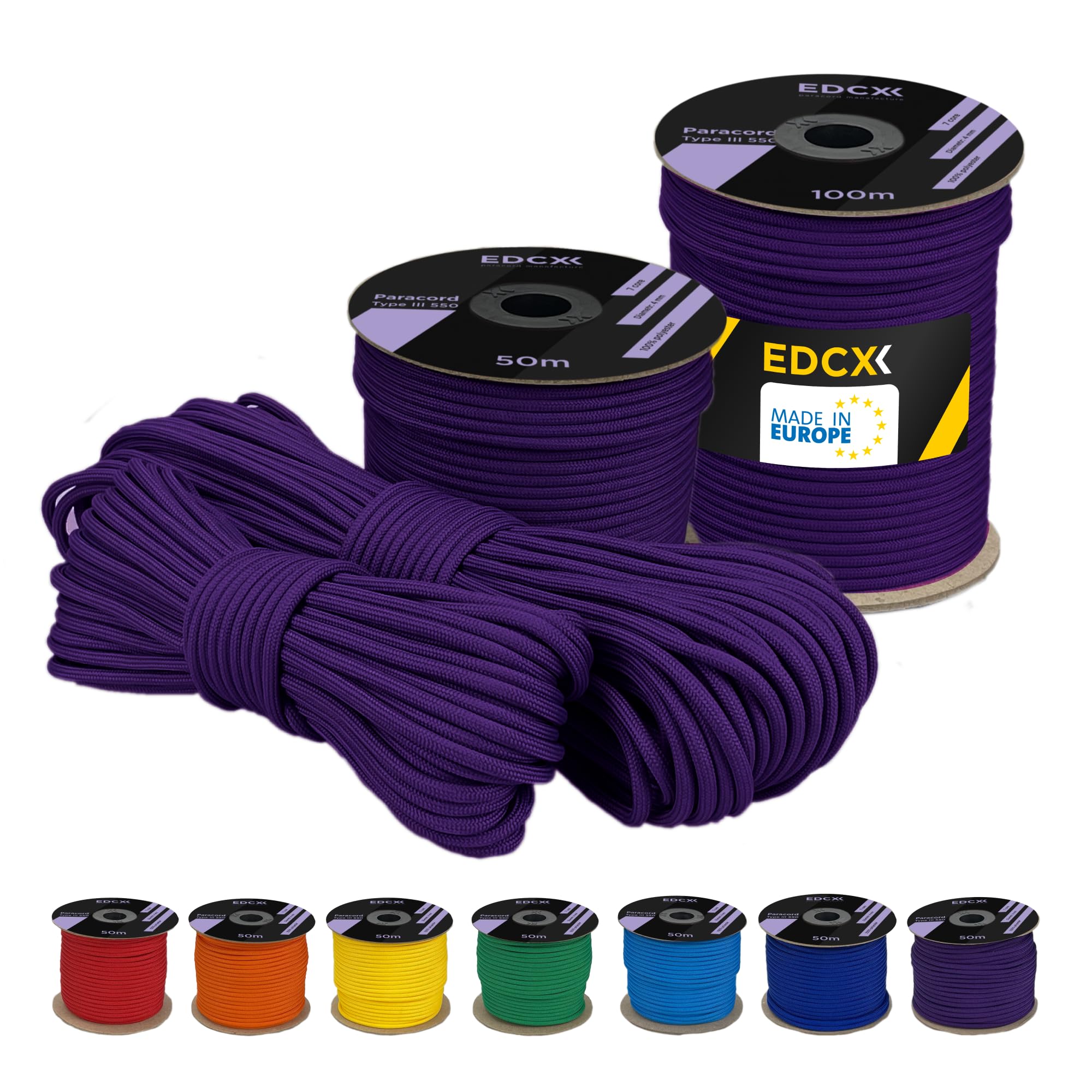 EdcX 4 mm Polyester Paracord 550 (15, 30 and 50 m) – 4 mm Type III, Tear-Resistant Parachute Cord for Survival Made of 100% Polyester with 7 Wires | Solid Colours (Dark Purple, 50 m)