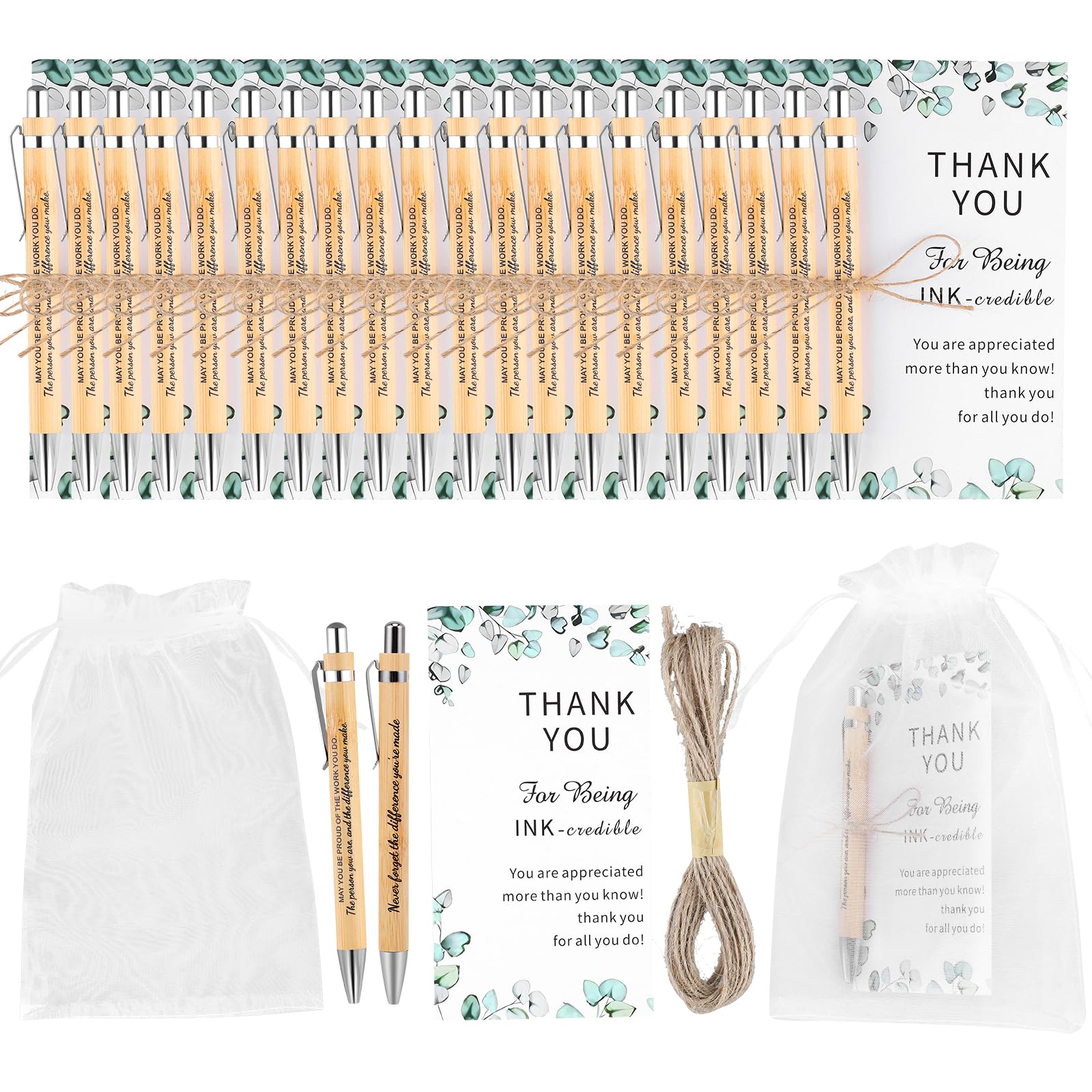 60 PCS Thank You Gift with Motivational Pens,20 Sets Employee Appreciation Gifts with Personalised Bamboo Ballpoint Pens,DIY Thank You Cards & Organza Bag,Gifts for Colleagues,Teachers,Friends,Nurses