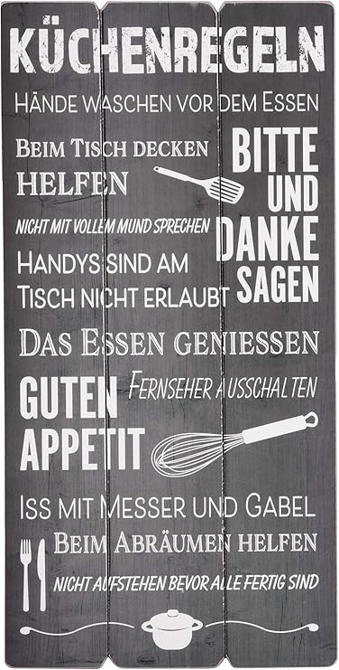 BigDean Wandschild Plankenschild Küchenregeln 60x30cm Grau