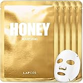 LAPCOS Honey Sheet Mask, Daily Face Mask with Hyaluronic Acid and Antioxidants to Hydrate and Tighten Dry Skin, Korean Beauty Favorite, 5-Pack