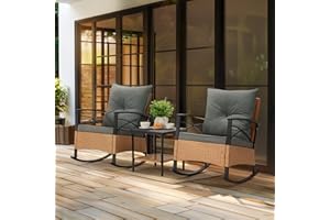 MELLCOM 3-Piece Patio Furniture Set, Outdoor Rocking Chair with Thick Cushions and 2-Tier Coffee Table, Wicker Rocker Bistro Set for Porch Deck Garden Poolside, Grey