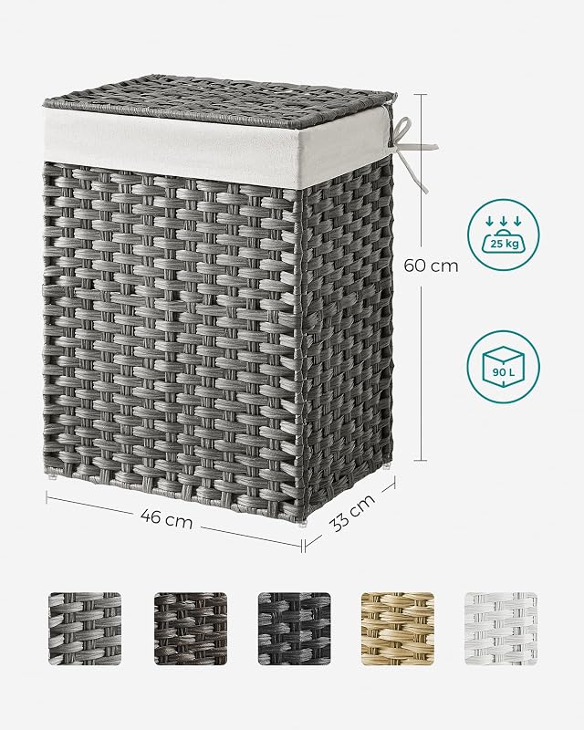 Cesto de Ropa Sucia, 90 L, Ratán Sintético, con Tapa, Plegable